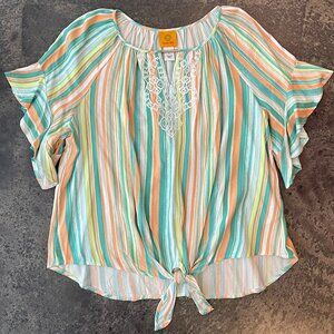 Ruby Rd Tie Front Flutter Sleeve Embroidered Embellished Top 100% Rayon